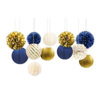 NICROLANDEE Lot de 12 lanternes en papier à suspendre - Bleu marine et doré - Pour bal de fin d'année 2024, Nouvel An, fête prénatale, anniversaire