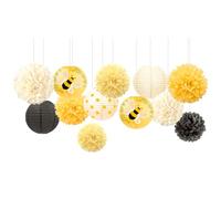 NICROLANDEE Lot de 12 lanternes en papier d'abeilles jaunes - Pompons en papier de soie - Décoration pour fête des abeilles - Fleurs abeilles - Décoration d'anniversaire