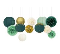 NICROLANDEE Lot de 12 lanternes en papier de soie vertes et dorées - Décoration de fête pour fête de mariage, fête prénatale botanique, vert forêt - Décoration d'anniversaire