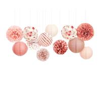 NICROLANDEE Lot de 12 lanternes en papier rose et pompons en papier de soie pour décoration de mariage, fête prénatale, fête d'anniversaire