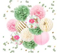 NICROLANDEE Lot de 12 pompons en papier avec fleurs vertes et roses - 50 g - Pour fête de fée, fête d'anniversaire, mariage, fête prénatale, vacances, décorations de fête florales