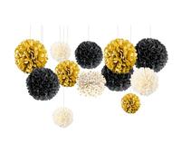 NICROLANDEE - Lot de 12 pompons en papier de soie doré noir et blanc - Décoration de fête - Pour mariage, anniversaire, fête prénatale, douche nuptiale, bal de fin d'année, festival, Noël, carnaval