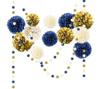 NICROLANDEE Lot de 15 pompons en papier de soie bleu marine doré pour homme, anniversaire, fête prénatale, mariage, enterrement de vie de jeune fille, remise de diplôme, décoration de fête de
