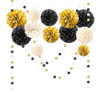 NICROLANDEE Lot de 15 pompons en papier de soie noir et doré pour fête, mariage, anniversaire, fiançailles, fête prénatale neutre, guirlande de fleurs à suspendre au plafond
