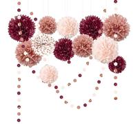 NICROLANDEE Lot de 15 pompons en soie rouge vin rose or rose et points circulaires pour décoration de fête de la Saint-Valentin, fête de mariage, fête d'anniversaire, fiançailles, anniversaire