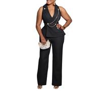 nicticsi Élégante Combinaison pour Femme Sans Manches Overalls Col en V Couleur Unie Tunique À Revers Décontracté Été Une Pièce Tenues d'Affaires C Noir XL