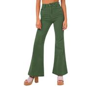 nicticsi Pantalons en Velours Côtelé Femme Élégant Pantalon Droit Boutons Ample Taille Haute Couleur Unie Classique Slim Pantalon Rétro avec Poches B Vert XL