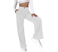 nicticsi Pantalons en Velours Côtelé Femme Élégant Pantalon Droit Boutons Ample Taille Haute Couleur Unie Classique Slim Pantalon Rétro avec Poches A Blanc L