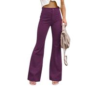 nicticsi Pantalons en Velours Côtelé Femme Élégant Pantalon Droit Boutons Ample Taille Haute Couleur Unie Classique Slim Pantalon Rétro avec Poches C Violet XXL