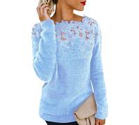 nicticsi Pull Femme Hiver Chaud Chic Et Élégant Sweat en Micro Polaire Pullover Dentelle Pull Epaule Denudee Haut Manche Longue Chandail Jumper Sweater Bleu M