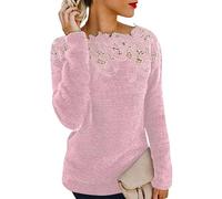 nicticsi Pull Femme Hiver Chaud Chic Et Élégant Sweat en Micro Polaire Pullover Dentelle Pull Epaule Denudee Haut Manche Longue Chandail Jumper Sweater Rose XL