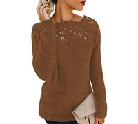 nicticsi Pull Femme Hiver Chaud Chic Et Élégant Sweat en Micro Polaire Pullover Dentelle Pull Epaule Denudee Haut Manche Longue Chandail Jumper Sweater Café XL