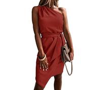 nicticsi Robe Cocktail Femme Chic Sexy Été Épaules Dénudées Midi sans Manches Couleur Unie Robes Portefeuille Courte Satin Soiree Robe Bodycon Dress A Rouge M