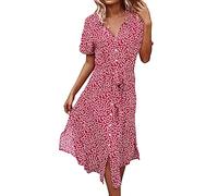 nicticsi Robe Femme Fleurie Chic et Elegant Mi Longue Robes Ete Bohème Manche Courte Col en V Robe Asymétrique Soiree Décontracté Plage Cocktail Rouge XL