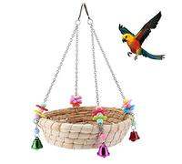 Jouet de Perroquet D'oiseau,Nid D'oiseau de Perroquet, Balançoire de Lit de Nid de Paille Tissée à la Main Naturelle avec 4 Cloches en Métal,Balançoire pour Les Oiseaux,Perroquet Perché