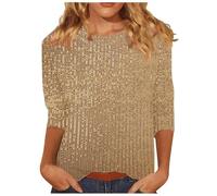 Nidddiv Chemise à manches 3/4 pour femme - Noir - Élégant avec paillettes dorées - Pour le Nouvel An - Chemisier festif - Col rond - Tunique décontractée - Haut à paillettes - Chemisier festif