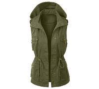 Nidddiv Gilet à capuche sans manches pour femme avec cordon de serrage multi-poches, gilet léger et décontracté pour le sport, la pêche et la pêche, manteau à revers fin, doux et uni, Vert, M