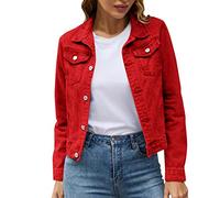 Nidddiv Glee Veste basique pour femme - Couleur unie - Avec poches - Veste en jean - Combinaison en jean pour femme, Rouge, S