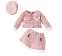 Nidddiv Mamas Boy Europe et les États-Unis Costume parfumé pour bébé fille Manteau patchwork à fourrure + short + béret Ensemble 3 pièces pour séance photo, rouge, 6-9 mois