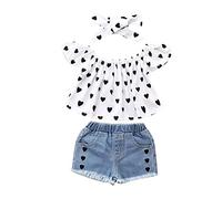Nidddiv Vêtements pour nouveau-né garçon tout-petit bébé fille manches courtes épaules dénudées imprimé amour hauts jeans shorts pantalons avec bandeaux ensemble bébé t-shirt 3 pièces, Noir , 5-6 ans