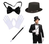 NIDONE Costume de magicien pour adulte, Kit de magicien d'Halloween, 4 pièces/ensemble, chapeau haut forme, gants, nœud papillon, ensemble pour événements fête sur le thème du cosplay
