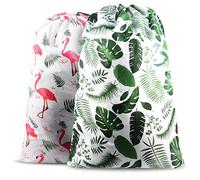 Nidoul Lot de 2 sacs à linge extra larges, Wash Me Sac à linge de voyage résistant avec cordon de serrage, durable pour dortoir de camping, lavable en machine 61 x 91 cm Flamingo+green Leaves