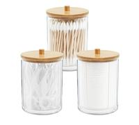 NIEBYI Lot de 3 supports Qtip en acrylique avec couvercles en bambou pour salle de bain, boîtes distributeurs de cotons-tiges, coussinets pour rangement de salle de bain