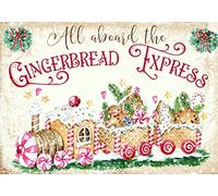 Niekea Plaque en métal pour décoration de Noël - Motif train en pain d'épices - Rose - 40,6 x 30,5 cm