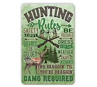 Niekea Plaque en métal vintage Hunting Rules - 30,5 x 20,3 cm - Rectangulaire - Support mural - Décoration de chasse - Cadeau pour chasseur de cerf - Vert