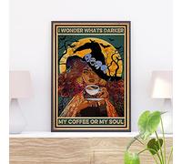 Niekea Plaque vintage en métal avec inscription « Cat I Wonder What Darker My Coffee Or My Soul » - Affiche vintage - Décoration de sorcière en train de boire du café - 30,5 x 20,3 cm