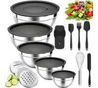 Nifogo Lot de 5+14 Saladier Avec Couvercle, Cul de Poule Inox Avec Couvercles Hermétiques & 3 Râpes, 3,3L/2,5L/1,9L/1L/0,7L, Empilables pour Cuisine Préparation, Mélanger & Service