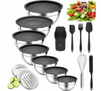Nifogo Lot de 7+14 Saladier Avec Couvercle, Cul de Poule Inox Avec Couvercles Hermétiques & 3 Râpes, 4,2L/3,3L/2,5L/1,9L/1,4L/1L/0,7L, Empilables pour Cuisine Préparation, Mélanger & Service