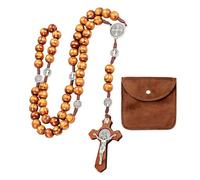 Nify Chapelet en Bois avec Croix Brune et Pochette de Rangement, Perles Bois Rondes, Accessoire de Recueillement, Ton Brun Classique, Ensemble Pratique à Offrir