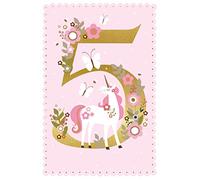 Nigel Quiney Carte d'anniversaire 5 ans pour fille - Licorne et fleurs avec feuille d'or - Respectueux de l'environnement et recyclable - Fabriqué en Grande-Bretagne