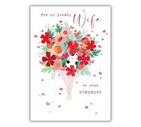 Nigel Quiney Carte d'anniversaire pour femme - Joli bouquet floral et motif chat - Finition aluminium - Jolie carte de vœux d'anniversaire pour ma charmante épouse - Pour elle