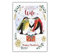 Nigel Quiney Carte de Noël pour femme - Motif pingouins mignons - Finition aluminium - Carte de vœux de Noël festive pour une adorable épouse