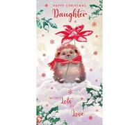 Nigel Quiney Carte de Noël pour fille - Hérisson enneigé tenant une fleur de poinsettia avec détails en aluminium - Respectueux de l'environnement et recyclable