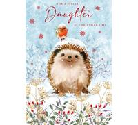 Nigel Quiney Carte de Noël pour fille - Motif hérisson et rouge-gorge - Finition aluminium - Carte de vœux de Noël festive pour une fille spéciale