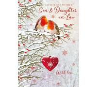 Nigel Quiney Carte de Noël pour fils et belle-fille - Motif festif rouge-gorge et boule de cœur - Finition aluminium - Carte de vœux de Noël pour un couple spécial