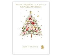 Nigel Quiney Carte de Noël pour petite-fille - Motif arbre floral festif - Finition en aluminium gaufré - Carte de vœux de Noël artistique pour une adorable petite-fille