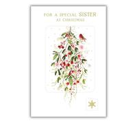 Nigel Quiney Carte de Noël « Special Sister » - Aquarelle rouge-gorge et baies en relief avec détails en aluminium - Respectueux de l'environnement et recyclable