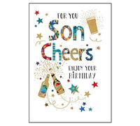 Nigel Quiney Carte de vœux contemporaine « Happy Birthday » pour relation masculine - Son Cheers - De la gamme Party Time - Avec une finition en feuille d'or