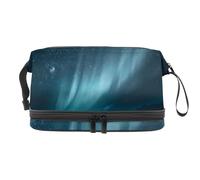 Night Aurora Scene Trousse à maquillage double couche pour femmes et filles, trousse de toilette de voyage, trousse de maquillage pratique avec compartiment à pinceaux, multicolore, 27x15x14