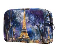Night Eiffel Tower Street Trousse à cosmétiques pour femme, trousse de toilette de voyage, grande pochette de maquillage pratique avec fermeture éclair, multicolore, 18.5x7.5x13cm/7.3x3x5.1in, Trousse