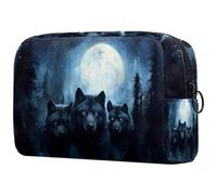 Night Forest Wolves Trousse de maquillage pour femme avec fermeture éclair, multicolore, 18.5x7.5x13cm/7.3x3x5.1in, Trousse de toilette