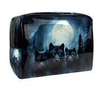 Night Forest Wolves Trousse de maquillage pour femme, trousse de toilette de voyage, grande trousse de maquillage en PVC pratique avec fermeture éclair, multicolore, 18.5x7.5x13cm/7.3x3x5.1in, Trousse