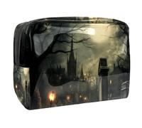 Night Halloween Town Trousse à cosmétiques pour femme, trousse de toilette de voyage, grande pochette de maquillage en PVC pratique avec fermeture éclair, multicolore, 18.5x7.5x13cm/7.3x3x5.1in,