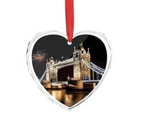Night London Tower Bridge Décoration de Noël en verre en forme de cœur 8,9 x 7,5 cm, décoration à suspendre pour mariage, cadeau de Saint-Valentin, décoration de festival
