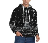 Night Paris Tour Eiffel Print Men's Hoodie,Confortable Pullover Sweatshirt pour Hommes,Sweat à capuche décontracté avec cordon de serrage, Noir , M