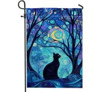 Night Sky Drapeau de jardin pour chat Bleu cosmique Arbre à chat Décoration de cour en tissu double face Décoration de pelouse extérieure Automne Hiver 30,5 x 45,7 cm